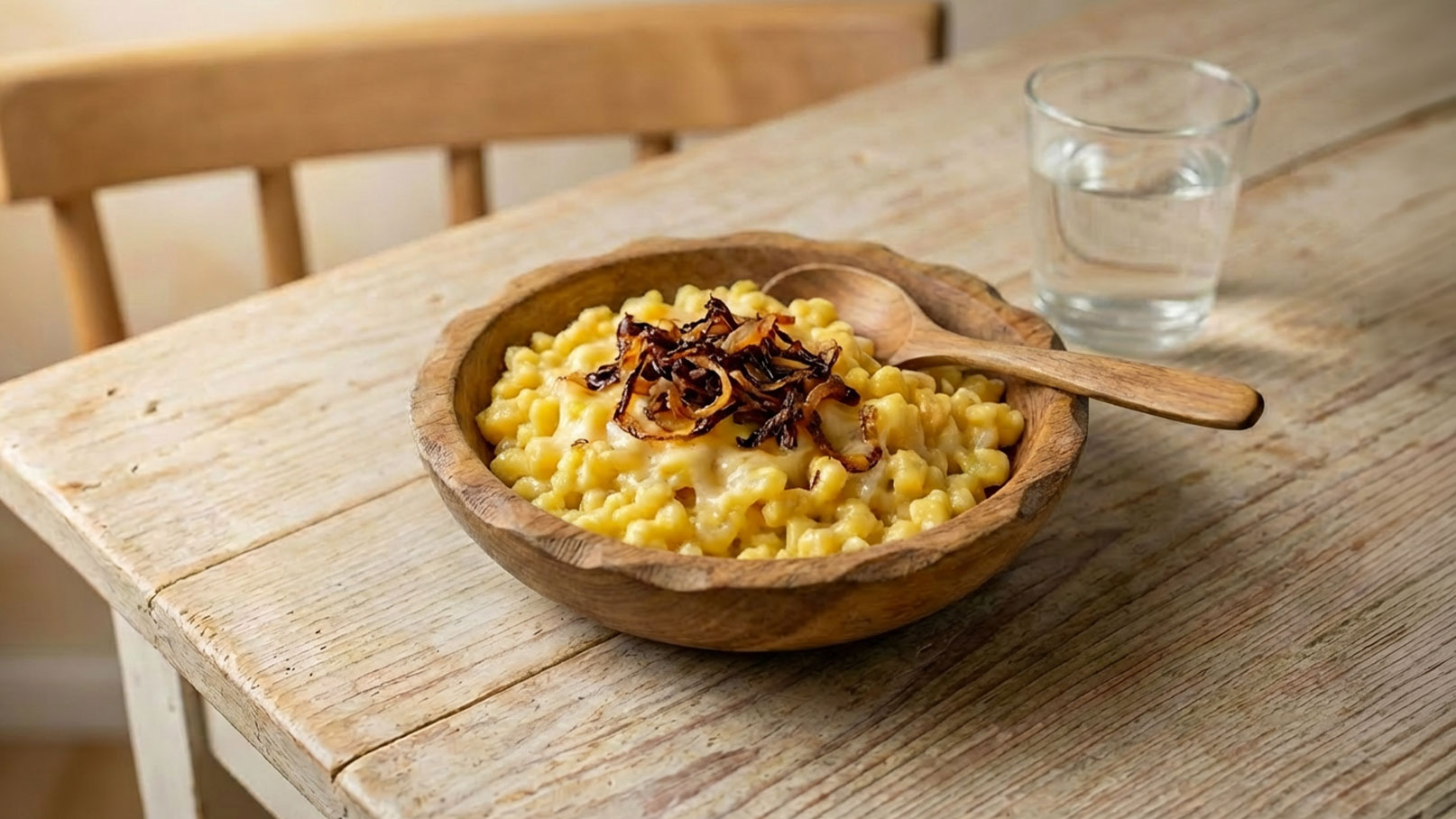 Eine Holzkelle liegt neben einer Schüssel mit cremigen Macaroni und Käse, garniert mit knusprigen Zwiebeln. Im Hintergrund steht ein Glas Wasser auf einem holzernen Tisch.