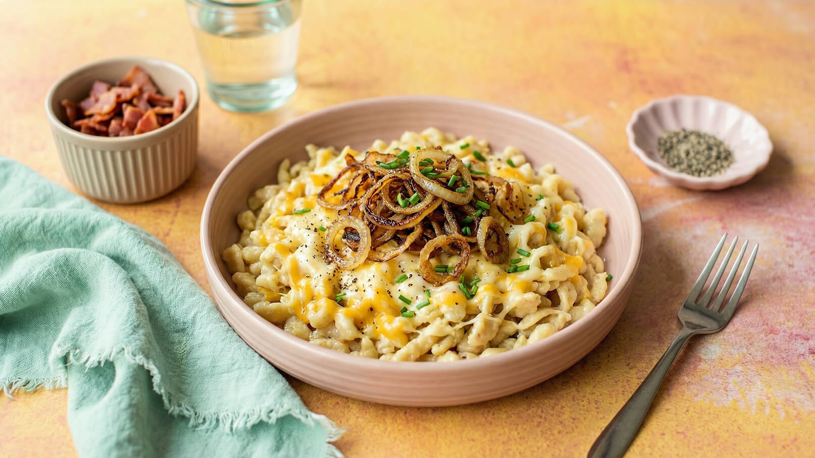 In einer Schüssel befinden sich cremige Nudeln, bedeckt mit geschmolzenem Käse und knusprigen Röstzwiebeln. Darüber sind frische Schnittlauchröllchen gestreut. Neben der Schüssel liegt eine Gabel. Im Hintergrund sind Kleinigkeiten wie Speck und Gewürze sichtbar. 