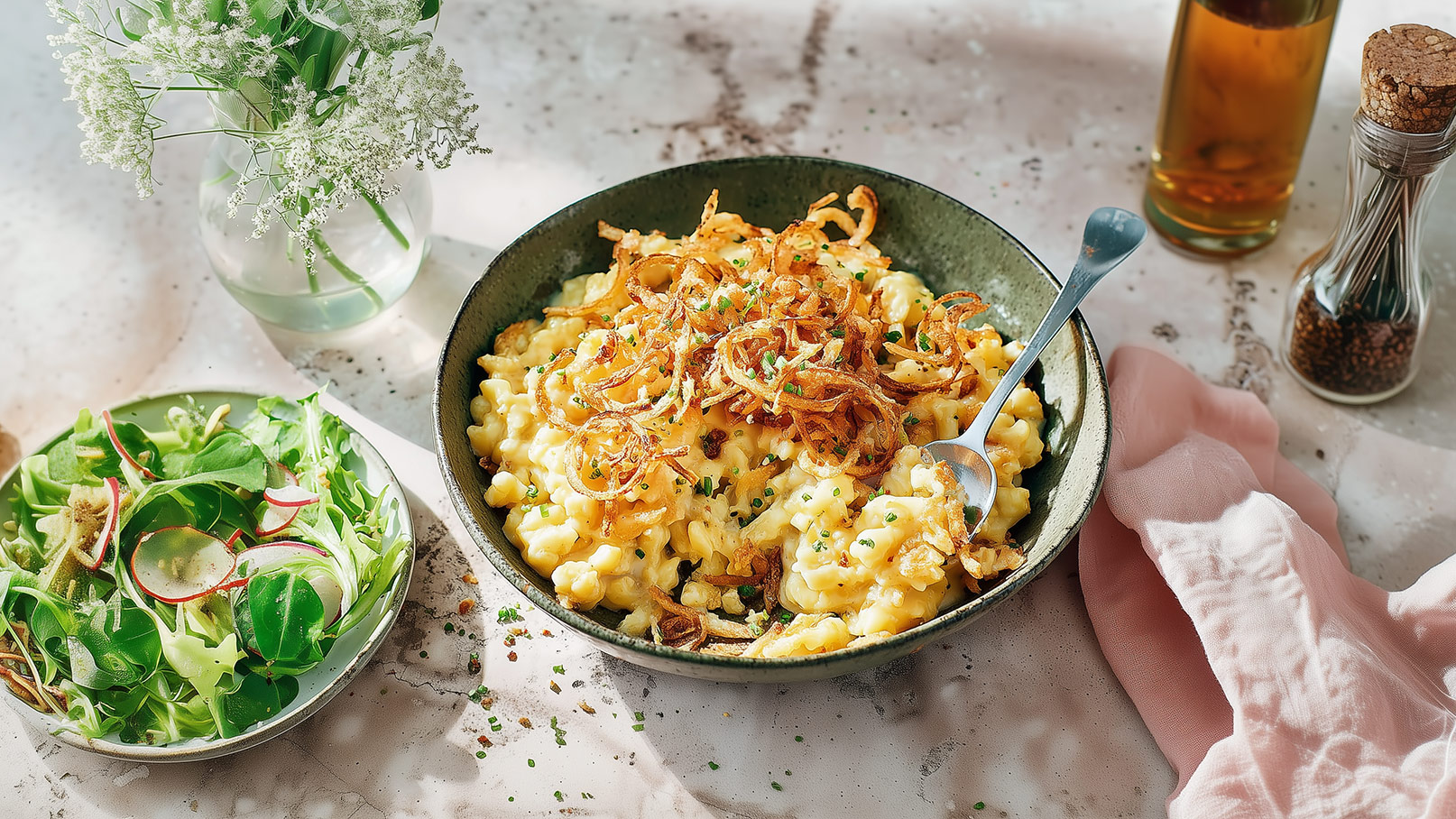 Eine Schüssel mit cremigen Nudeln, garniert mit knusprigen Zwiebelringen und frischem Schnittlauch. Daneben ein kleiner Teller mit grünem Salat, verziert mit Radieschen. Im Hintergrund sind Blumen und Ölflasche sichtbar.