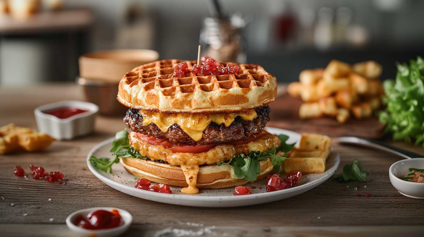 Ein Hamburger aus zwei Waffeln, gefüllt mit einem saftigen Patty, geschmolzenem Käse, Tomatenscheiben und frischem Salat. Einige süße Toppings sind auf der Waffel dekoriert. Auf dem Teller sind auch Pommes Frites und kleine Schalen mit Ketchup zu sehen.