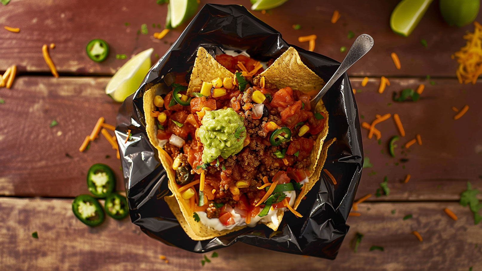 Ein Schalengericht mit Tortilla-Chips, belegt mit Hackfleisch, Salsa, Mais, Käse, Guacamole und frischen Kräutern. Eine Limonenscheibe und einige Jalapeños sind neben der Schale angeordnet. Das Gericht ist ansprechend angerichtet und hebt die Vielfalt der Zutaten hervor.