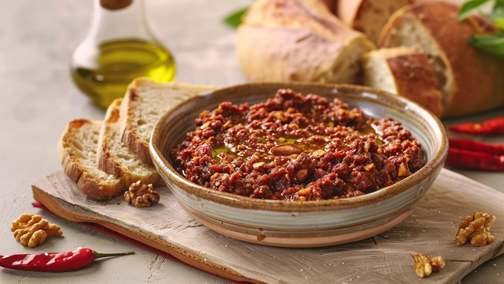 Eine Schüssel mit einer dunklen, würzigen Paste, die mit etwas Olivenöl beträufelt ist. Neben der Schüssel liegen mehrere Scheiben Brot auf einem Holzbrett. Im Hintergrund sind einige Nüsse und eine rote Chili zu sehen.
