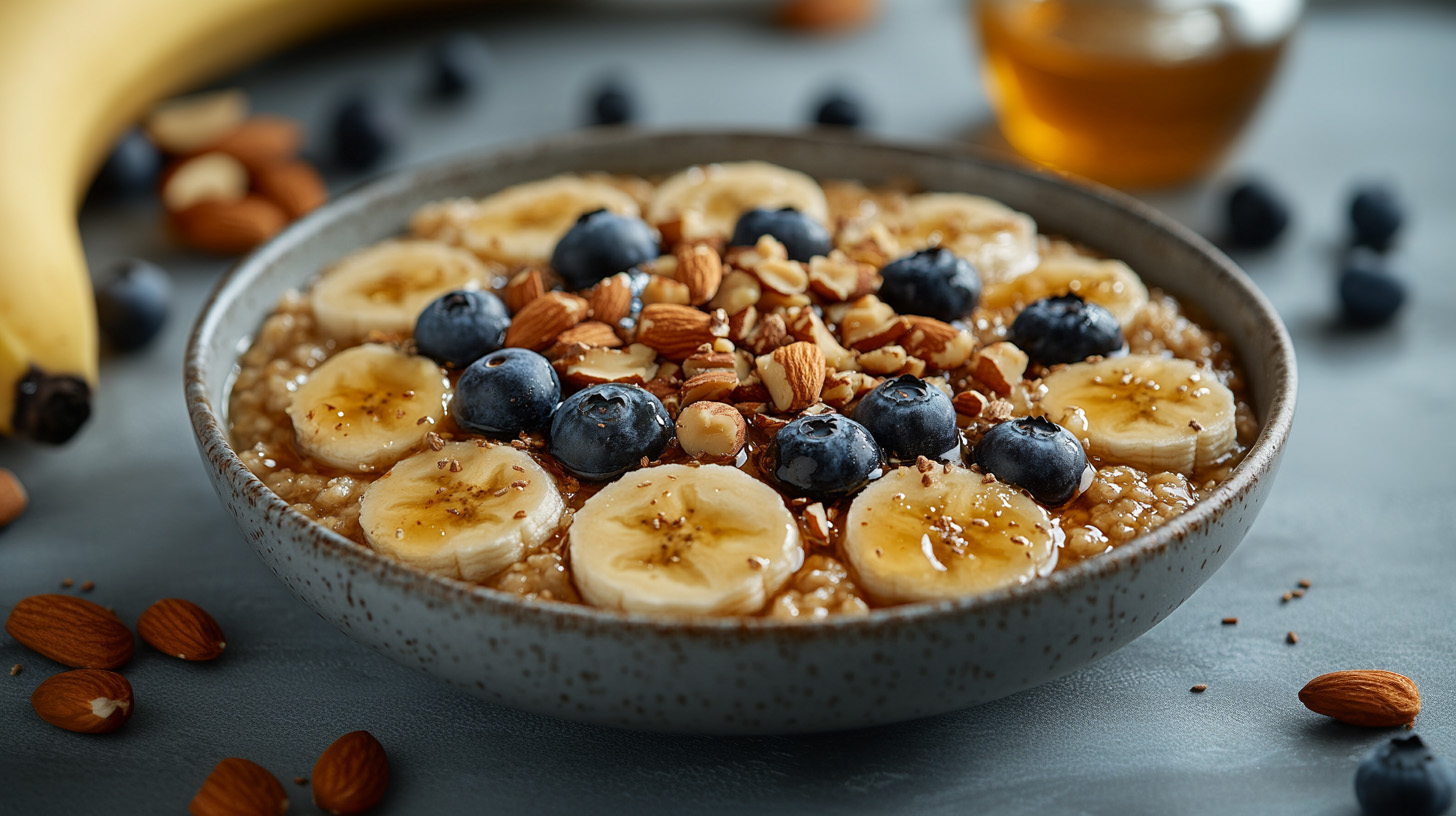 Eine Schüssel mit gesundem Porridge, garniert mit frischen Bananenscheiben, Heidelbeeren und gehackten Mandeln. Ein wenig Honig verleiht dem Gericht eine süße Note. Im Hintergrund sind einige Mandeln und eine Banane sichtbar.
