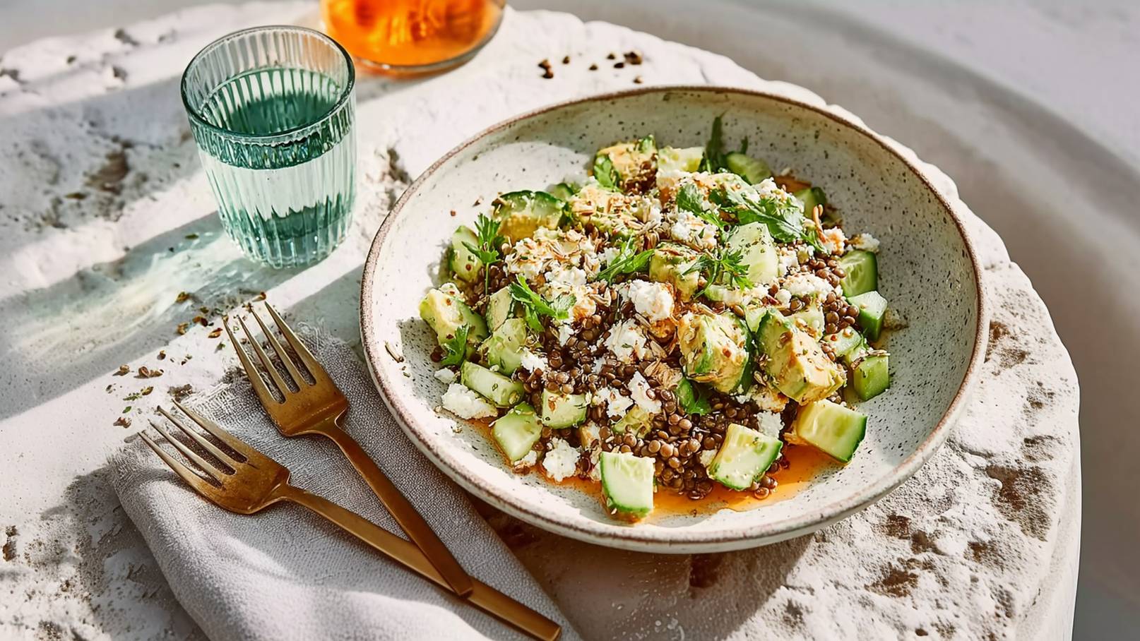 Eine Schüssel mit einem bunten Salat aus Gurken, Avocado und Linsen, garniert mit Frischkäse und frischen Kräutern. Neben der Schüssel liegen zwei goldene Gabeln auf einem weißen Stofftuch. Im Hintergrund steht ein Glas Wasser.