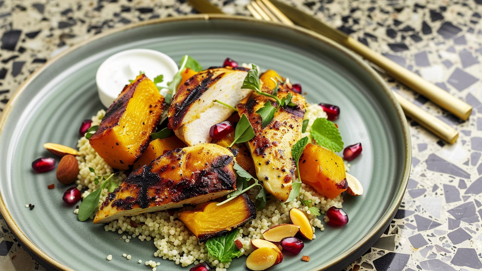 Ein Teller mit gegrilltem Hühnchen, Kürbisstücken und frischem Gemüse, serviert auf einem Bett aus Couscous. Die Speise ist mit Minze und Granatapfelkernen garniert. Daneben befindet sich eine kleine Schüssel mit einer weißen Dip-Sauce.