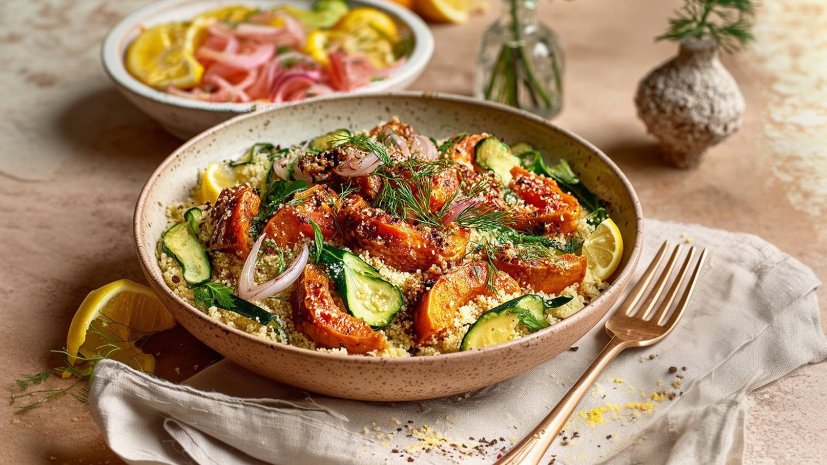 Eine Schüssel mit Couscous, belegt mit gebackenem Kürbis, Zucchini, Zwiebeln und frischen Kräutern. Zitronenscheiben und Sesamkörner sind als Garnitur vorhanden. Im Hintergrund ist eine weitere Schüssel mit buntem Gemüse zu sehen.