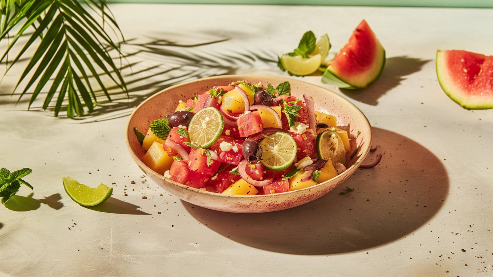 Eine handgehaltene Goldlöffel nimmt frischen Wassermelonen-Salat auf. Der Salat besteht aus gewürfelter Wassermelone, Feta-Käse und frischen Minzblättern. Im Hintergrund sind ein Teller mit weiteren Salatstücken und ein Glas sichtbar.