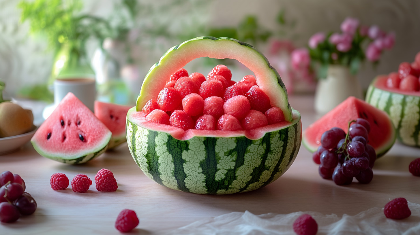 Eine halbierte Wassermelone dient als dekorative Schale, gefüllt mit kleinen Wassermelonenstücken. Daneben liegen frische Trauben und Himbeeren, während einige Viertel der Wassermelone und eine Schale mit weiteren Früchten im Hintergrund sichtbar sind. Die Szene strahlt eine fröhliche, sommerliche Atmosphäre aus.