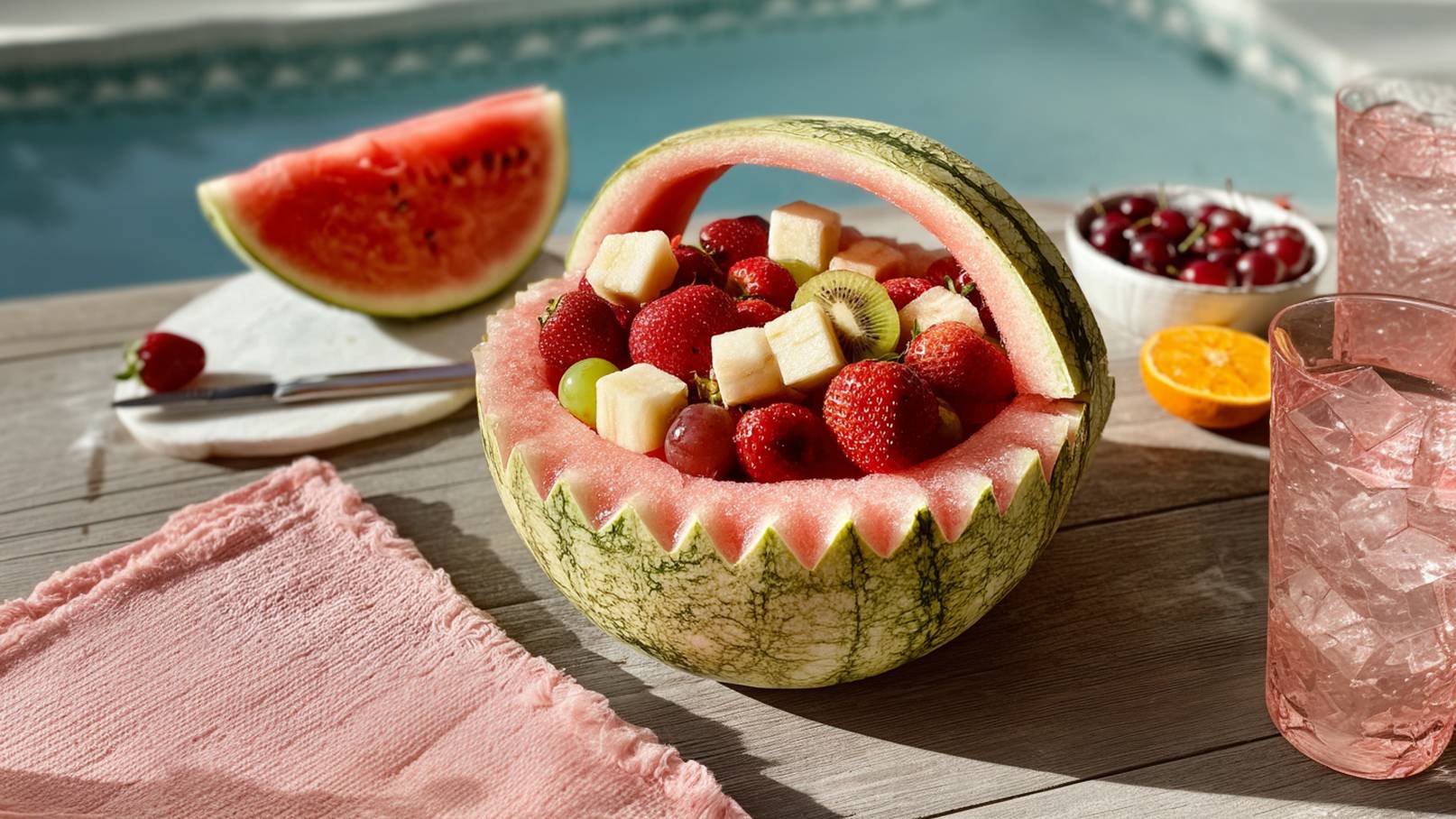 Eine aus Wassermelone geschnitzte Schüssel gefüllt mit bunten Früchten wie Erdbeeren, Trauben und Kiwi. Im Hintergrund steht ein Glas mit rosa Getränk und eine Schale mit Kirschen. Die Szene spielt sich auf einer Holzoberfläche in der Nähe eines Pools ab.