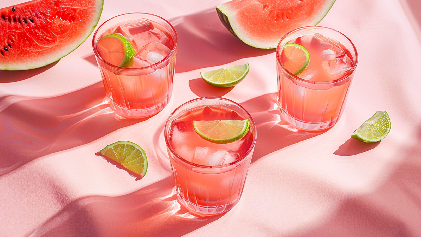 Drei Gläser mit einem pinkfarbenen Getränk, das mit Eiswürfeln gefüllt ist, stehen auf einem rosa Untergrund. Jedes Glas ist mit einer Limettenscheibe garniert. Um die Gläser liegen mehrere Limettenstücke und eine Halbe Wassermelone ist im Hintergrund zu sehen.