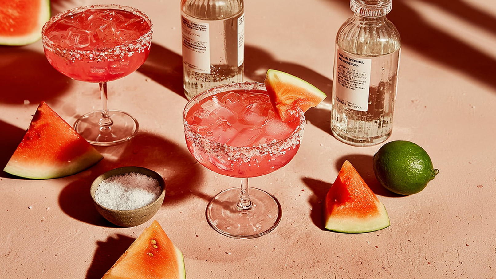 Zwei Cocktails in Gläsern mit Eis und Zuckerrand stehen auf einem rosa Untergrund. Neben den Cocktails liegen Wassermelonenscheiben und ein kleiner Teller mit Salz. Eine Limette ergänzt die Anordnung. Die Szene strahlt eine sommerliche, frische Atmosphäre aus.