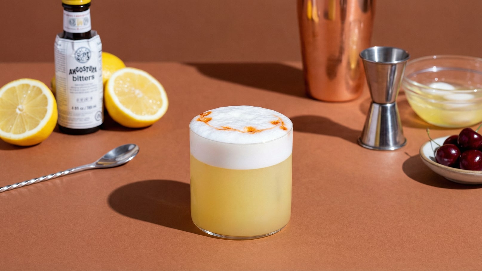 Ein Glas mit einem gelblichen Getränk, das eine schaumige, weiße Schicht oben hat. Es ist mit einer roten Garnierung verziert. Um das Glas herum liegen halbierte Zitronen, ein Fläschchen Bitter, ein Messbecher und eine kleine Schale mit Kirschen. Der Hintergrund ist einfarbig braun.