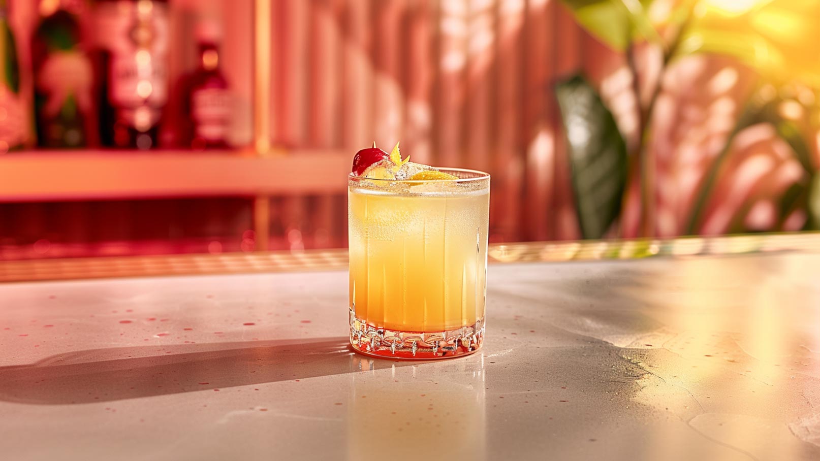 Ein bunter Cocktail in einem Glas, gefüllt mit Eiswürfeln, ist auf einer marmorierten Bartheke platziert. Der Drink hat eine orangefarbene Flüssigkeit und ist mit einer Kirsche und einer Zitronenschale dekoriert. Im Hintergrund sind verschwommen Flaschen zu sehen.