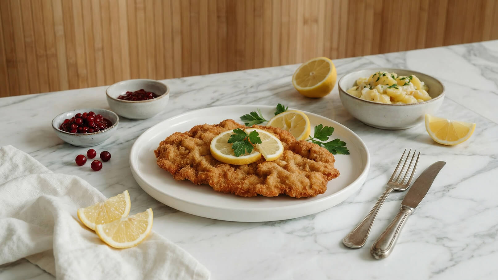 Ein knuspriges Schnitzel liegt auf einem weißen Teller, garniert mit zwei Zitronenscheiben und einem Zweig Petersilie. Neben dem Teller befindet sich eine Schüssel mit Salzkartoffeln und zwei kleine Schalen mit Preiselbeermarmelade. Einige Zitronenscheiben liegen auf der Tischdecke.