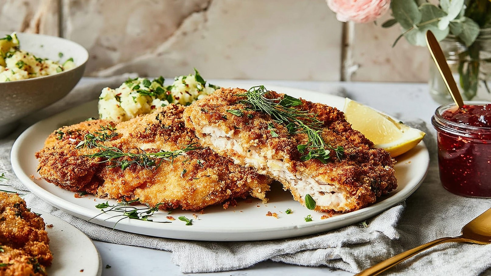 Ein Teller mit knusprigen, panierten Fischfilets, garniert mit frischen Kräutern. Daneben befindet sich eine Schale mit cremigem Kartoffelpüree und ein Stück Zitrone. Im Hintergrund ist ein Glas mit roter Marmelade und ein goldener Löffel sichtbar.