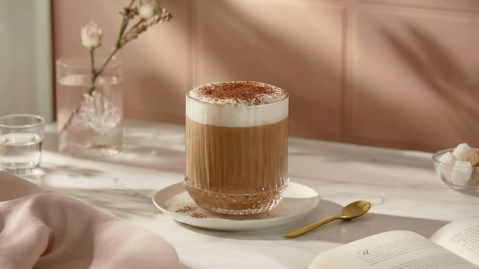 Ein großes Glas mit einem kaffeebraunen Getränk und einer schaumigen, weißen Oberseite steht auf einem Teller. Darauf ist Kakaopulver gestreut. Im Hintergrund sind ein sanftes Tuch und ein Wasserglas zu sehen.