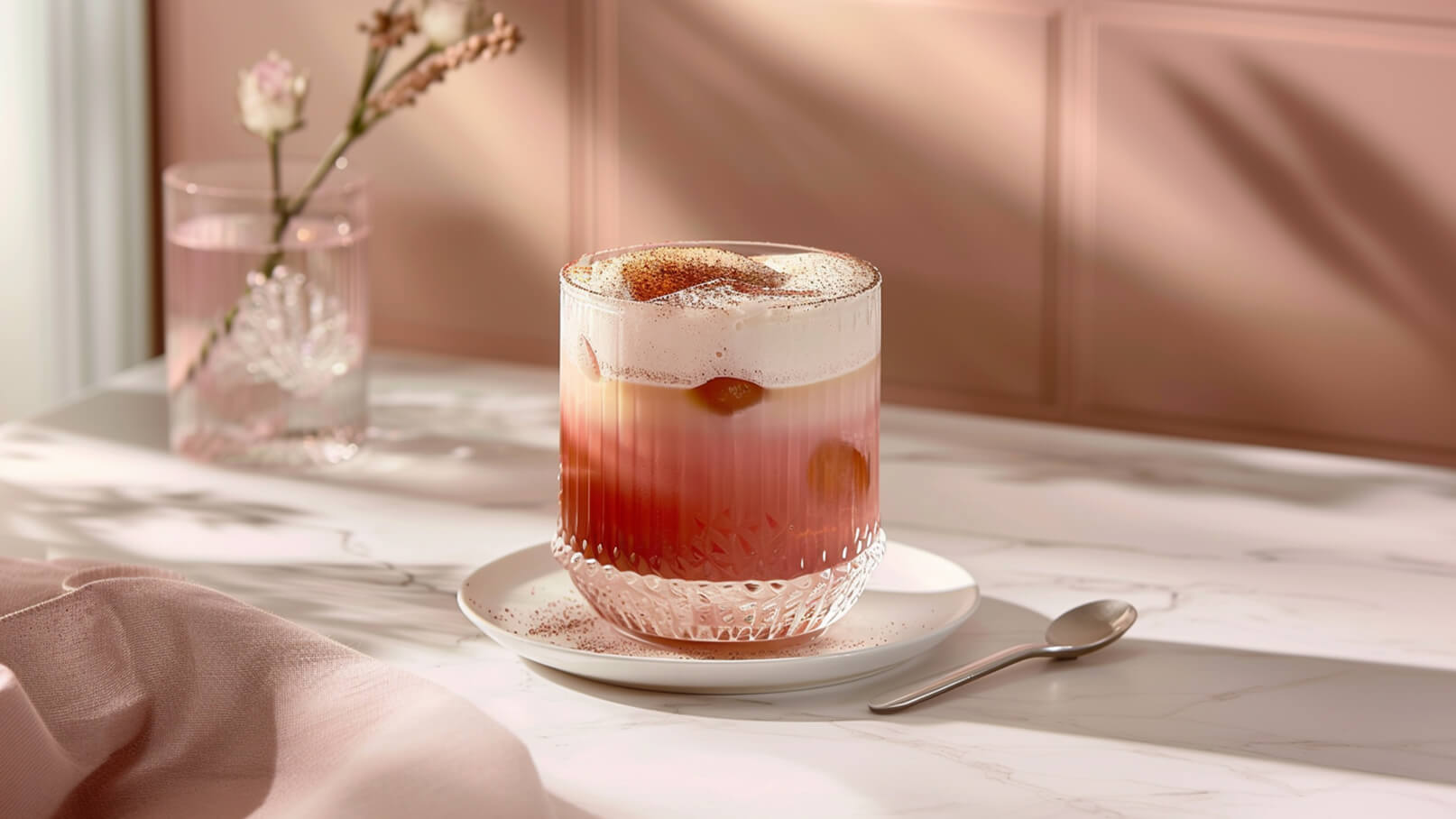Ein dekoratives Glas mit einem mehrschichtigen Getränk in rosa und weiß, serviert auf einem einfachen weißen Teller. Daneben liegt ein kleiner Löffel. Im Hintergrund ist ein Wasserbehälter mit einer Pflanze sichtbar.