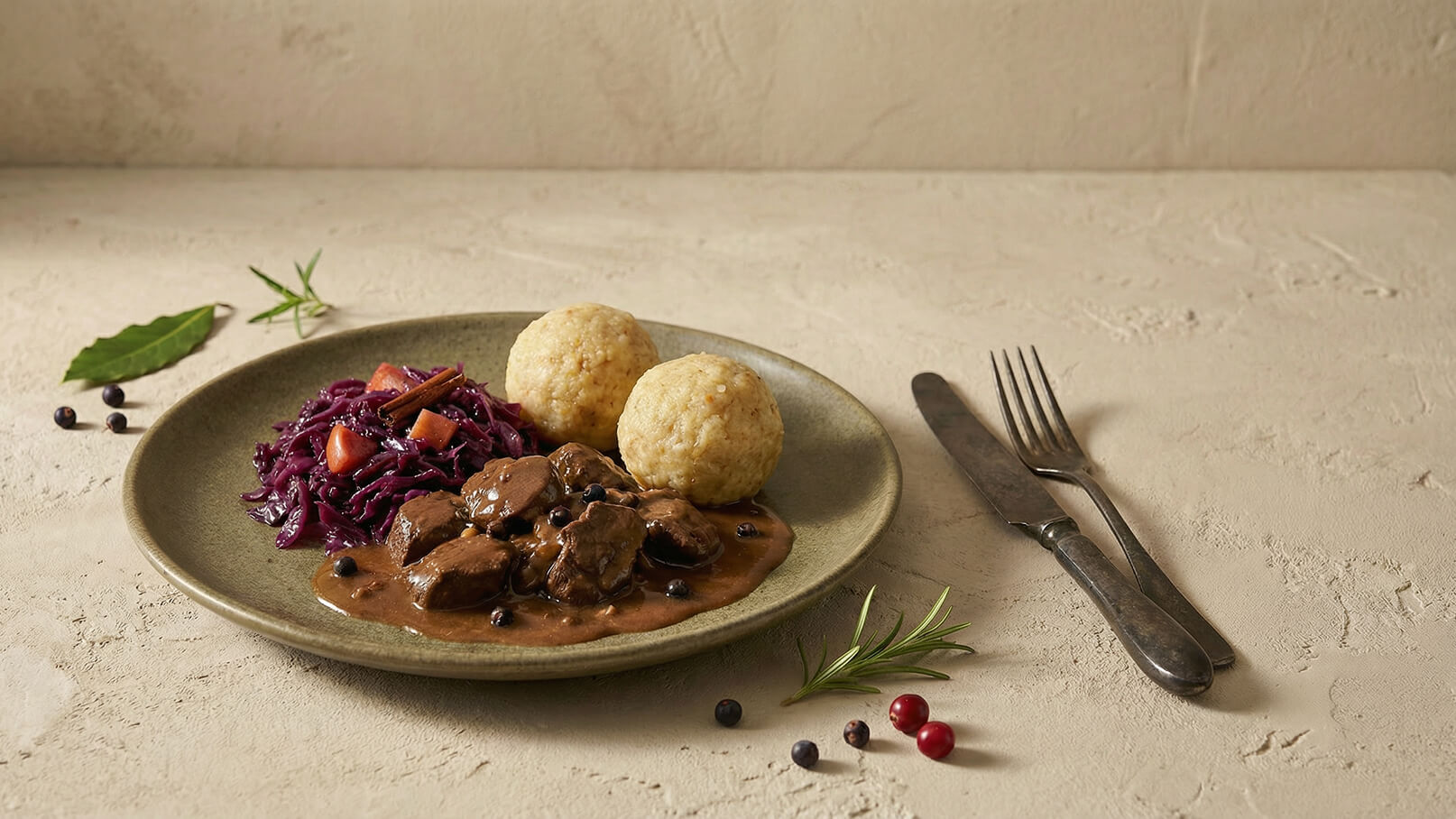Ein Teller mit geschmortem Fleisch in einer dunklen Sauce, serviert mit roten Kohl und zwei Knödeln. Die Beilagen sind auf dem Teller gut sichtbar. Das Geschirr ist erdig in Farbe, auf einem neutralen Untergrund.