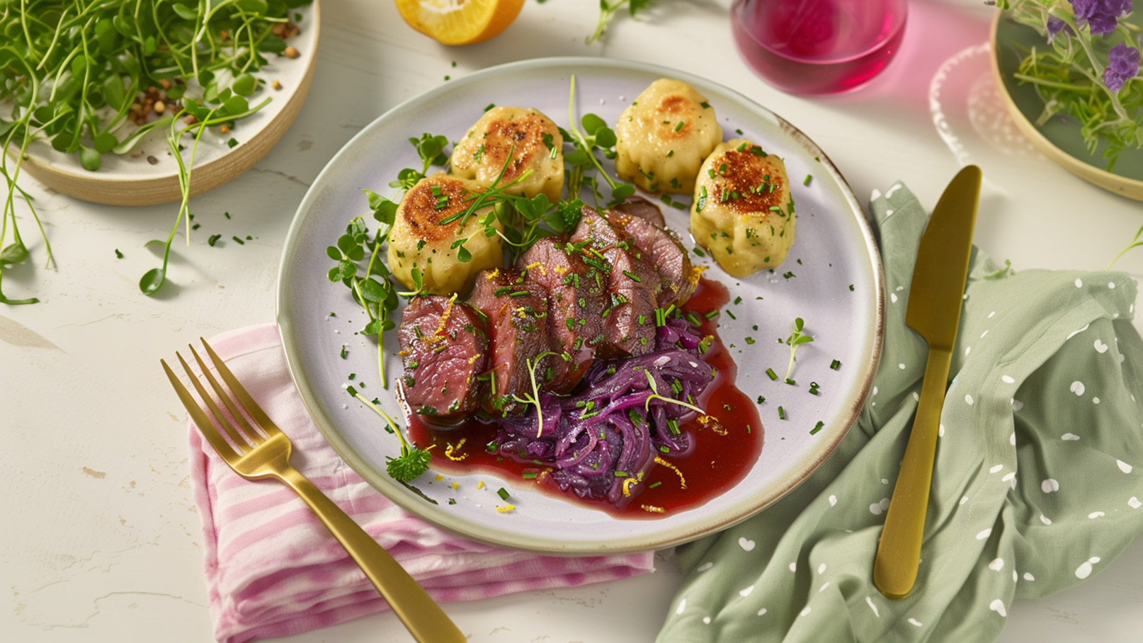 Ein Teller mit zartem Fleisch, serviert mit lila Kraut und goldenen Klößen. Der Gericht ist mit frischen Kräutern und einer roten Sauce garniert. Im Hintergrund befinden sich eine Serviette und Besteck, die das Gericht präsentieren.