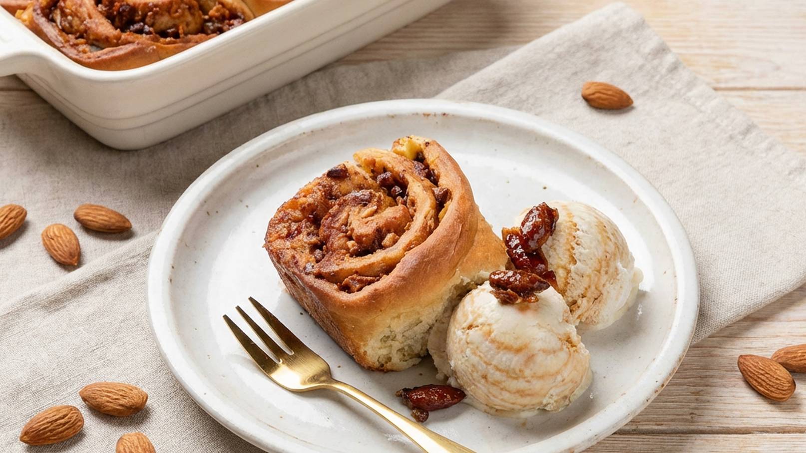 Ein Teller mit einer Zimtschnecke und zwei Kugeln Vanilleeis. Die Zimtschnecke ist mit gehackten Nüssen garniert. Der Teller ist auf einem hellen Tisch arrangiert, umgeben von Mandeln und einem grauen Serviertuch.