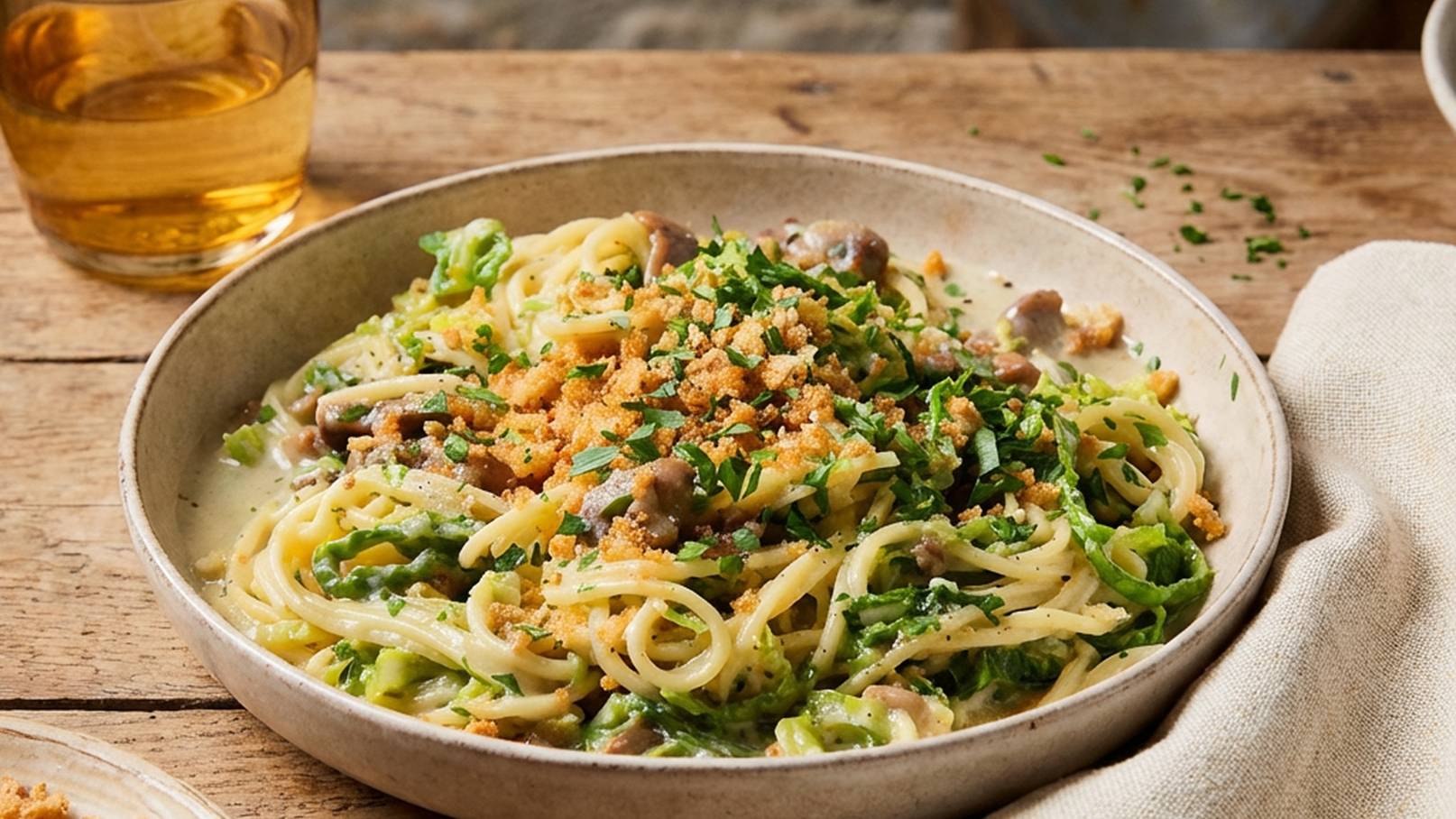 Ein Teller Spaghetti mit einer cremigen Soße, garniert mit frischen Kräutern, gehacktem Gemüse und knusprigen Bröseln. Im Hintergrund ein Glas Getränk auf einem hölzernen Tisch.
