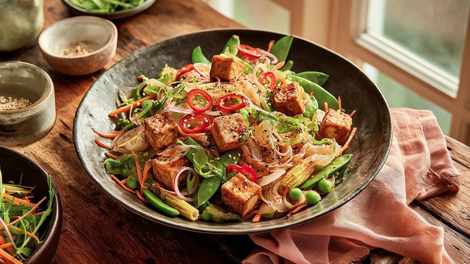 Ein tiefes schwarzes Schüsselchen enthält eine bunte Mischung aus frischen Zutaten, darunter gebratener Tofu, grüne Gemüse, Karotten und Gewürze. Die Speise sieht appetitlich aus und wird von einer Holzoberfläche umgeben. Im Hintergrund sind weitere Schalen sichtbar.