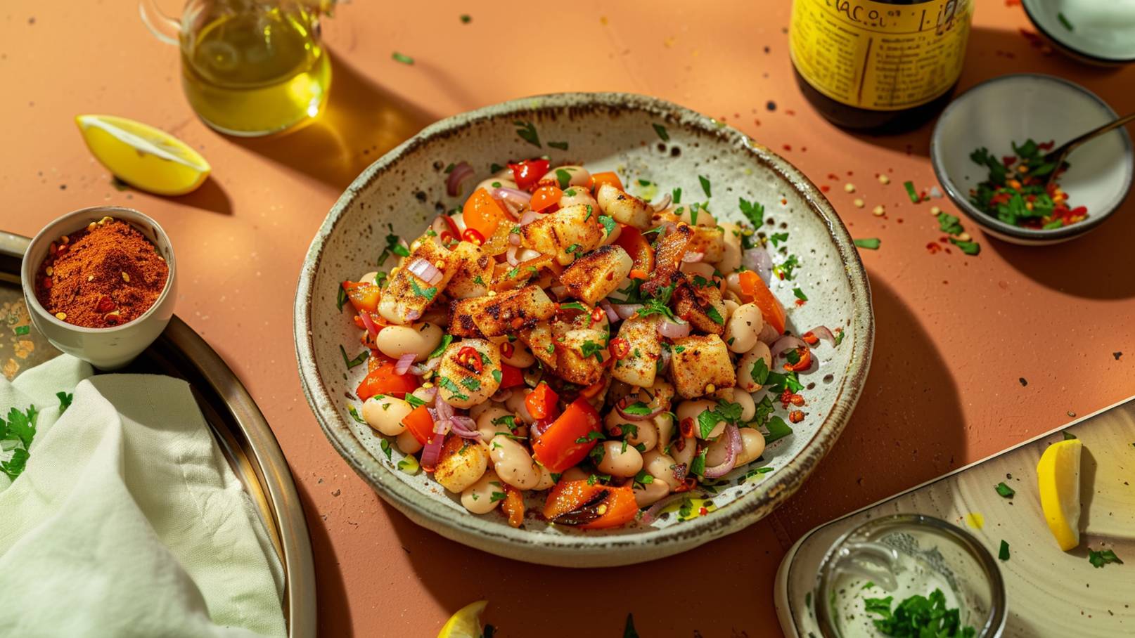 Eine Schüssel mit buntem Bohnensalat ist abgebildet. Der Salat enthält rote und weiße Bohnen, gewürfelte Paprika und frische Kräuter, die den Farbkontrast und die Frische betonen. Ein Esslöffel liegt in der Schüssel.