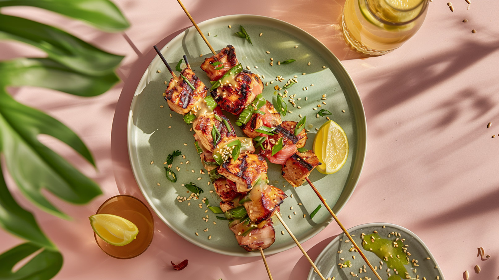 Ein Teller mit gegrillten Spießen, die Fleisch, Paprika und Zwiebeln enthalten. Die Spieße sind mit einer Sauce und Sesamsamen garniert. Neben dem Teller liegt eine Scheibe Zitrone, und im Hintergrund ist ein Getränk sichtbar. Der Tisch hat eine pinke Oberfläche.