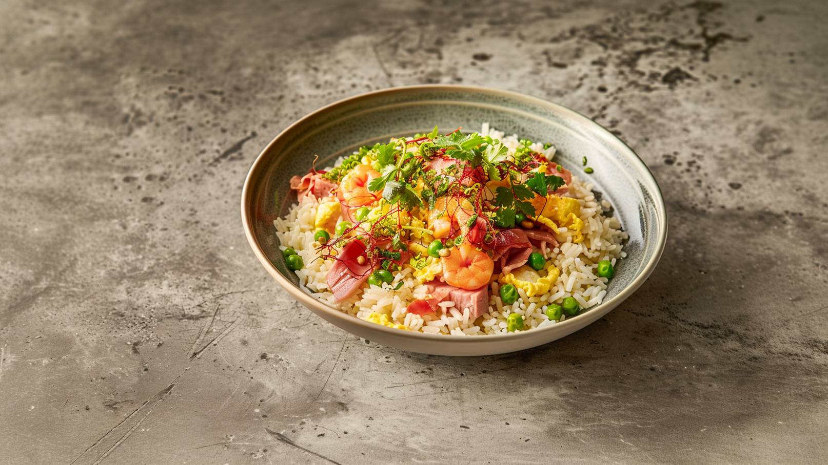 Ein Teller mit gebratenem Reis, garniert mit grünen Erbsen, klein geschnittenem Gemüse und Stückchen von Fleisch. Der Reis hat eine goldene Farbe und ist appetitlich angerichtet. Im Hintergrund sind frische Kräuter und Tomaten zu sehen.