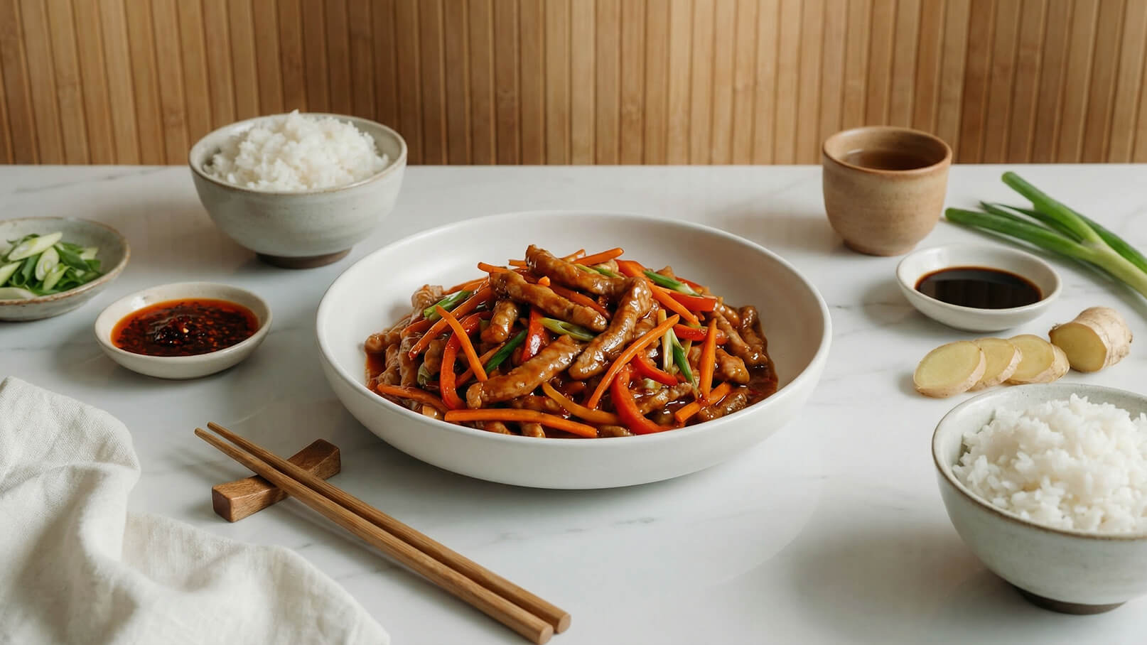 Ein Teller mit gebratenem Fleisch, Karotten und grünen Bohnen in einer würzigen Sauce, umgeben von Schalen mit Reis, Sojasauce, scharfer Sauce und frischen Zutaten wie Ingwer und Frühlingszwiebeln. Holzstäbchen liegen bereit auf einem weißen Tisch.