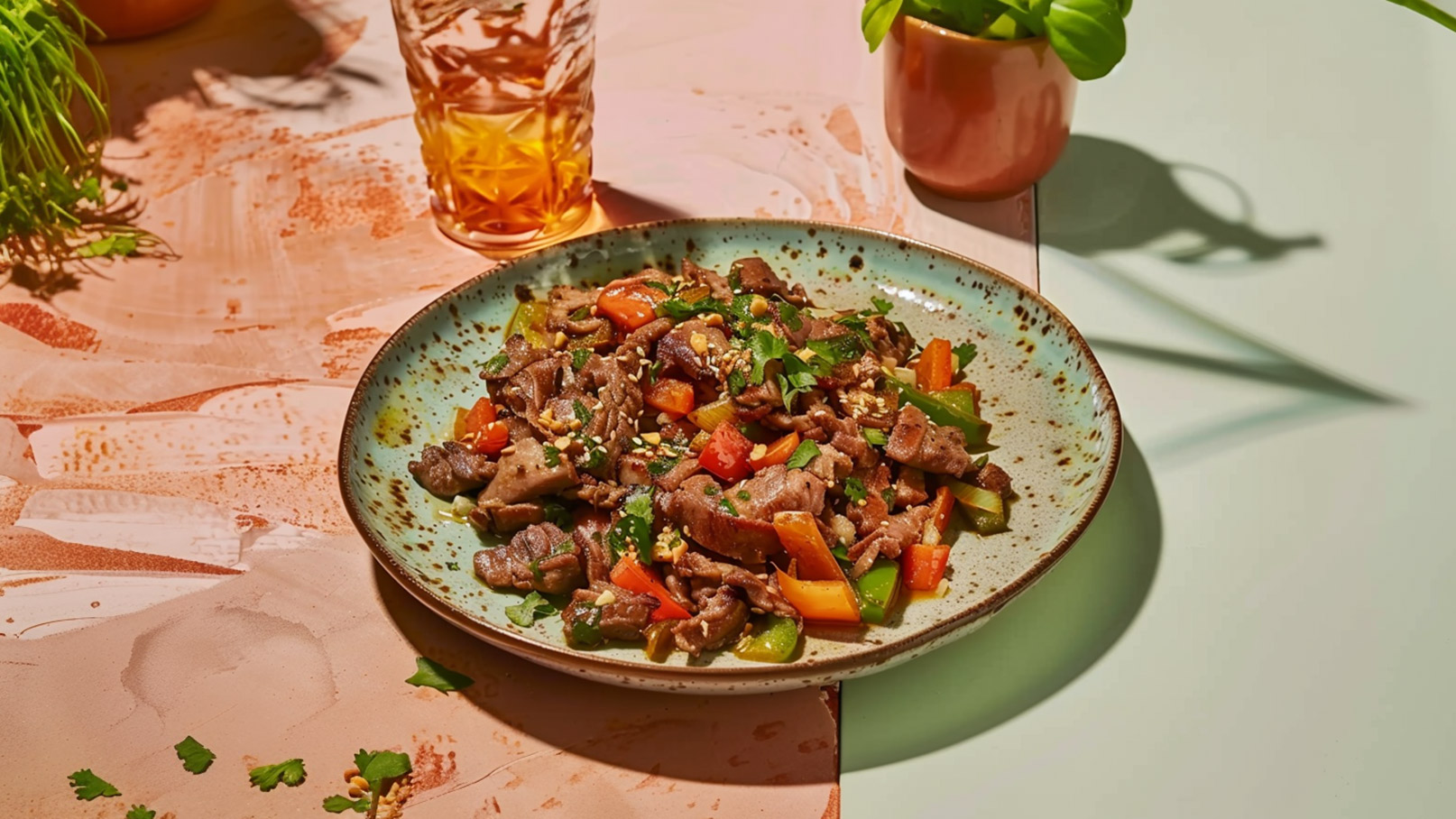 Ein Teller mit gebratenem Fleisch und buntem Gemüse, darunter Paprika und frische Kräuter, auf einer glasierten Keramikteller. Im Hintergrund steht ein Glas mit Getränk und eine kleine Topfpflanze.
