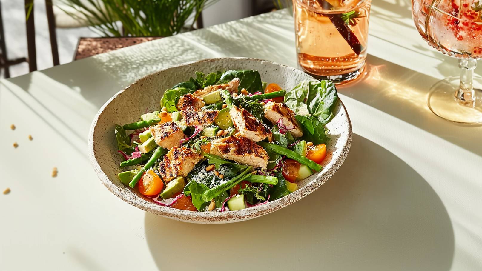 Eine Schüssel mit buntem Salat, garniert mit gegrilltem Hähnchen, Spinat, Gurken und Kirschtomaten. Darüber befinden sich einige Pinienkerne. Im Hintergrund ist ein Getränk in einem Glas zu sehen. Das Licht fällt sanft auf die frische Speise.