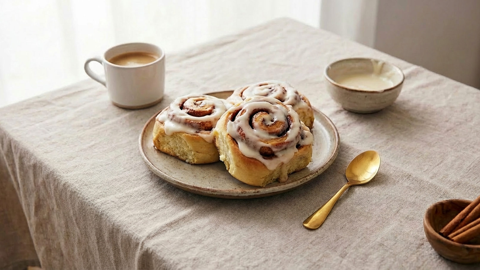 Auf einem Tisch liegen drei Zimtschnecken auf einem Teller, bedeckt mit Zuckerguss. Neben dem Teller steht eine Tasse Kaffee. Im Hintergrund ist eine kleine Schüssel mit einer Creme und Zimtstangen zu sehen. Das Tischgedeck vermittelt eine gemütliche Atmosphäre.