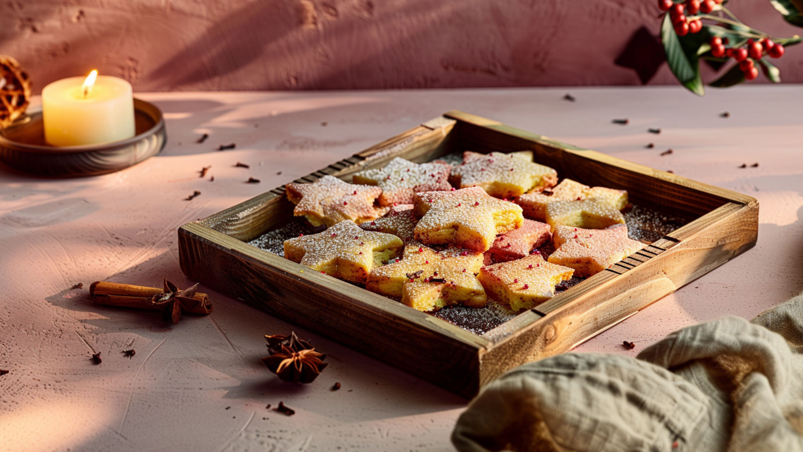 Ein Holztablett enthält zahlreiche starförmige Plätzchen, mit Zucker und bunten Streuseln dekoriert. Die Plätzchen liegen auf einer Zuckerschicht, während im Hintergrund eine Kerze brennt. Die Szenerie ist weihnachtlich und gemütlich gestaltet.
