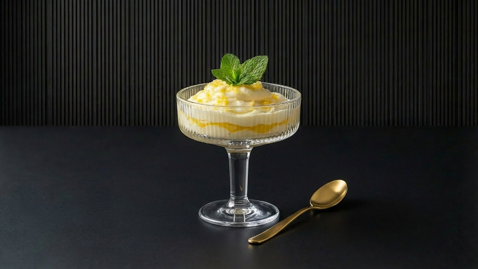 Ein elegantes Dessert in einem runden Glas mit einem langen Fuß. Es besteht aus Schichten von cremiger Füllung und einer gelben Soße, garniert mit einem frischen Minzblatt. Neben dem Glas liegt ein goldener Löffel auf einem dunklen Untergrund.