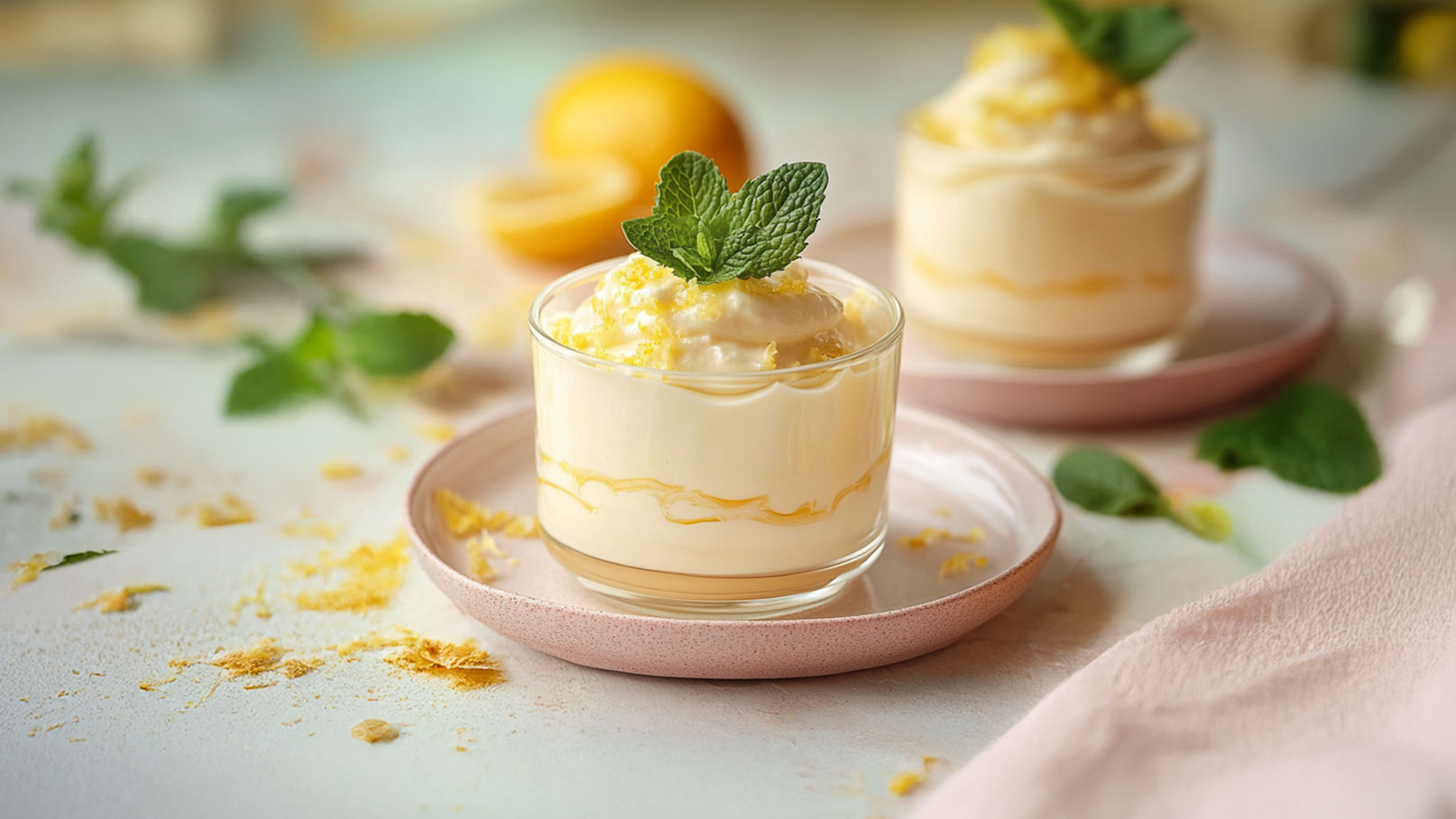Zwei Gläser mit einer cremigen Zitronen-Dessertfüllung stehen auf einem Teller. Das Dessert ist mit einem Minzblatt und feinen Zitronenzesten dekoriert. Im Hintergrund ist eine halbe Zitrone zu sehen, und um die Gläser liegen einige Zitronenkrümel.