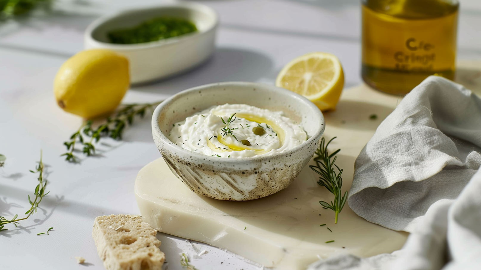 Ein runder, grauer Schalen mit einer cremigen, weißen Mischung. Darauf liegt ein Spritzer Olivenöl, Zitronenscheiben und Kräuter. Neben der Schale sind ein Stück Brot und frische Kräuter auf einem Holzbrett platziert.