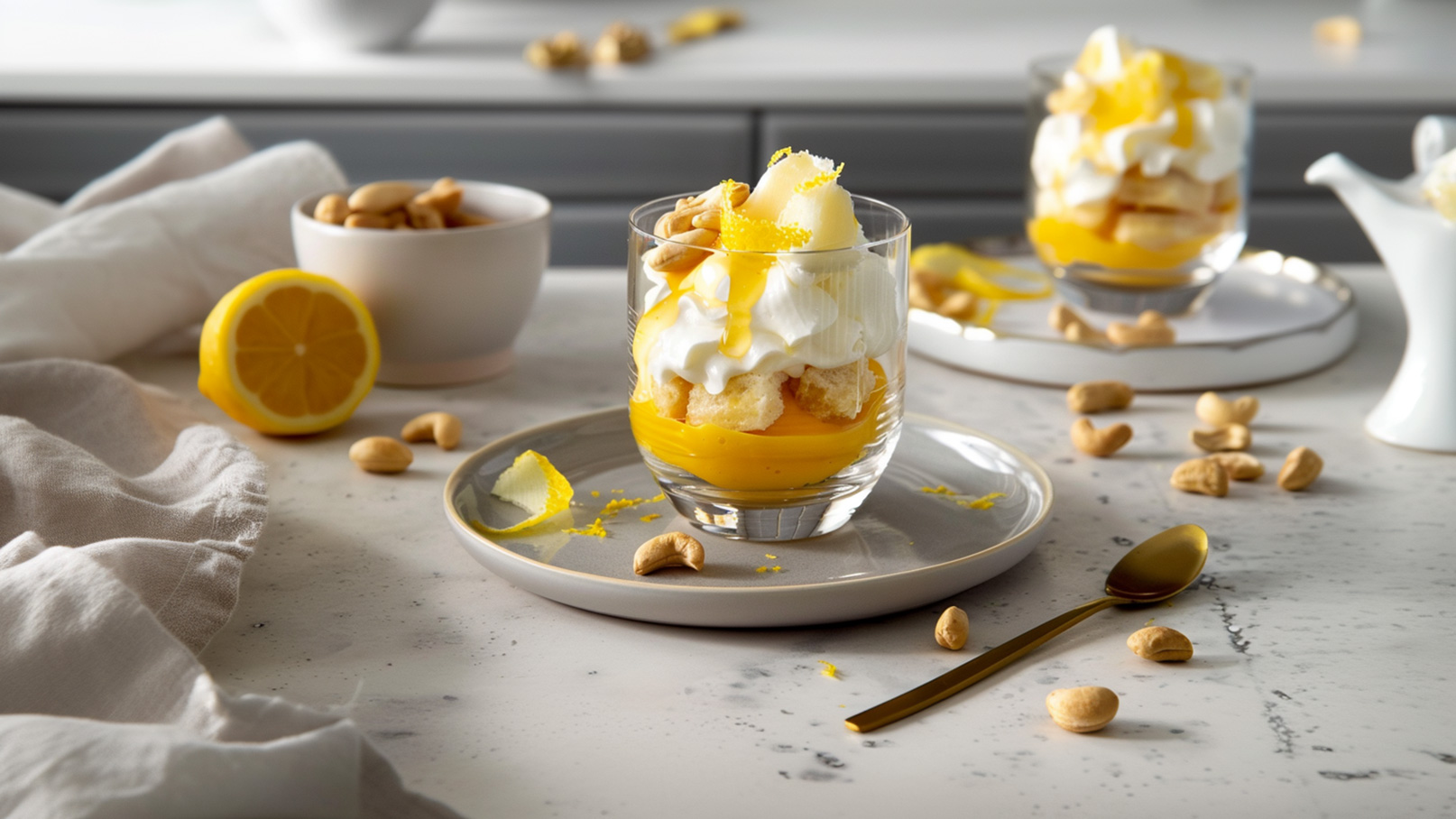 Ein Glas Dessert mit einer Schicht aus einer gelben Creme, zerbröseltem Biskuit und Sahne. Das Dessert ist mit Zitronenschale und Erdnüssen garniert. Eine halbe Zitrone und eine kleine Schüssel mit Erdnüssen liegen daneben. Ein goldener Löffel ist auf dem Teller platziert.