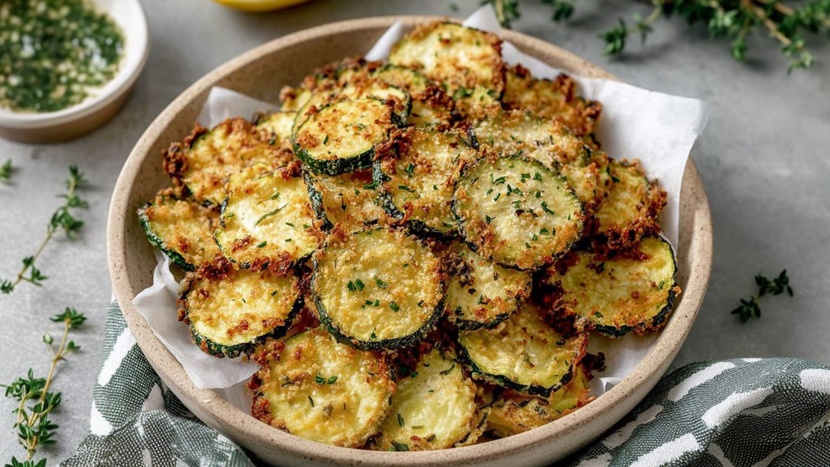 Ein gefüllter, flacher Teller mit knusprigen Zucchinischeiben, garniert mit frischen Kräutern. Die Zucchini sind goldbraun und leicht frittiert, umgeben von einem zeitgemäßen Tischset.