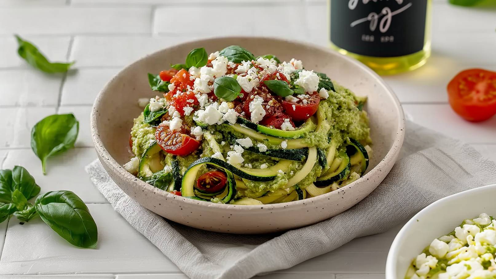 Eine Schüssel mit Zucchini-Nudeln, garniert mit Kirschtomaten, Basilikumblättern und zerbröseltem Feta-Käse. Die Nudeln sind mit einer grünen Sauce überzogen, vermutlich Pesto. Im Hintergrund liegen frische Basilikumblätter.