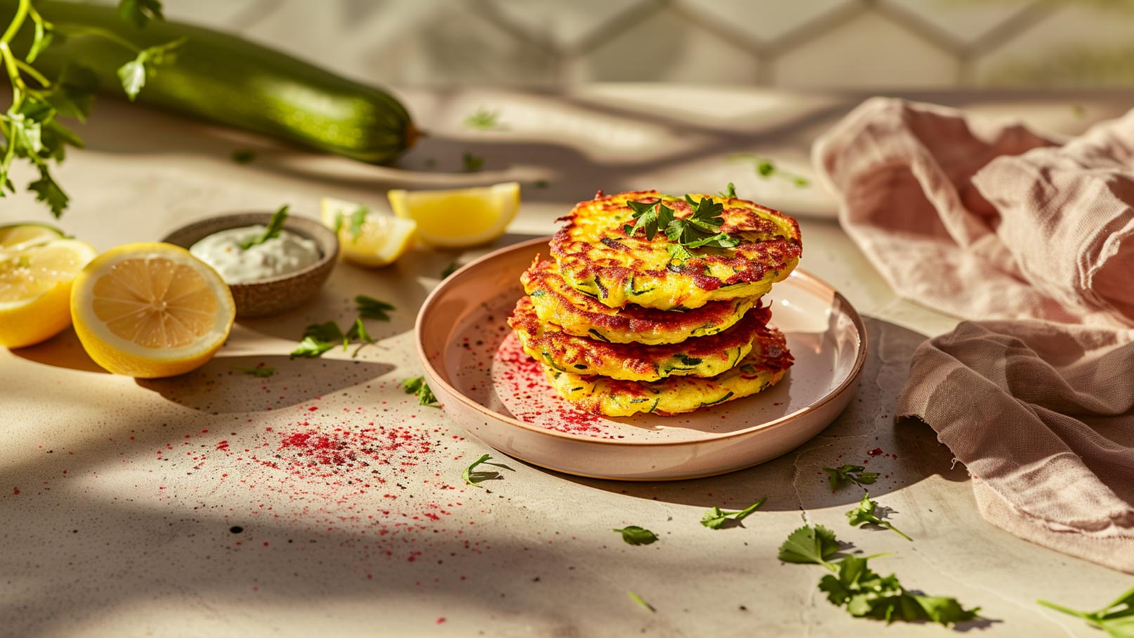 Ein Teller mit mehreren Zucchini-Pfannkuchen, garniert mit frischem Koriander. Daneben liegen halbierte Zitronen und ein Schälchen mit einer dipsähnlichen Sauce. Der Tisch hat über die gesamte Fläche eine dekorative Strobe von gemahlenen Gewürzen.