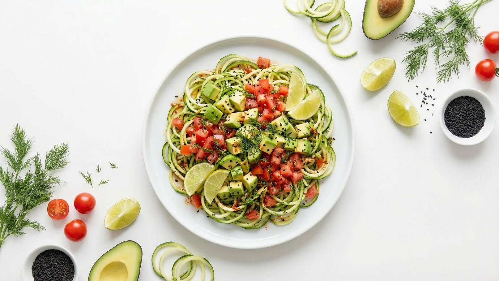 Auf dem Bild ist ein frischer Salat auf einem weißen Teller zu sehen. Der Salat besteht aus Zucchini-Nudeln, gewürfelter Avocado, Tomaten und Limettenscheiben. Dazu sind Kräuter und schwarze Sesamsamen als Garnitur platziert. Der Hintergrund ist hell und schlicht.