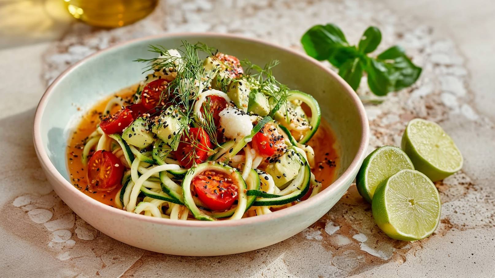 Eine Schüssel mit Zoodles (Zucchininudeln), garniert mit Kirschtomaten, Gurkenwürfeln, frischem Dill und schwarzem Sesam. Daneben liegen halbierte Limetten. Die Präsentation ist frisch und farbenfroh, ideal für ein leichtes, gesundes Gericht.