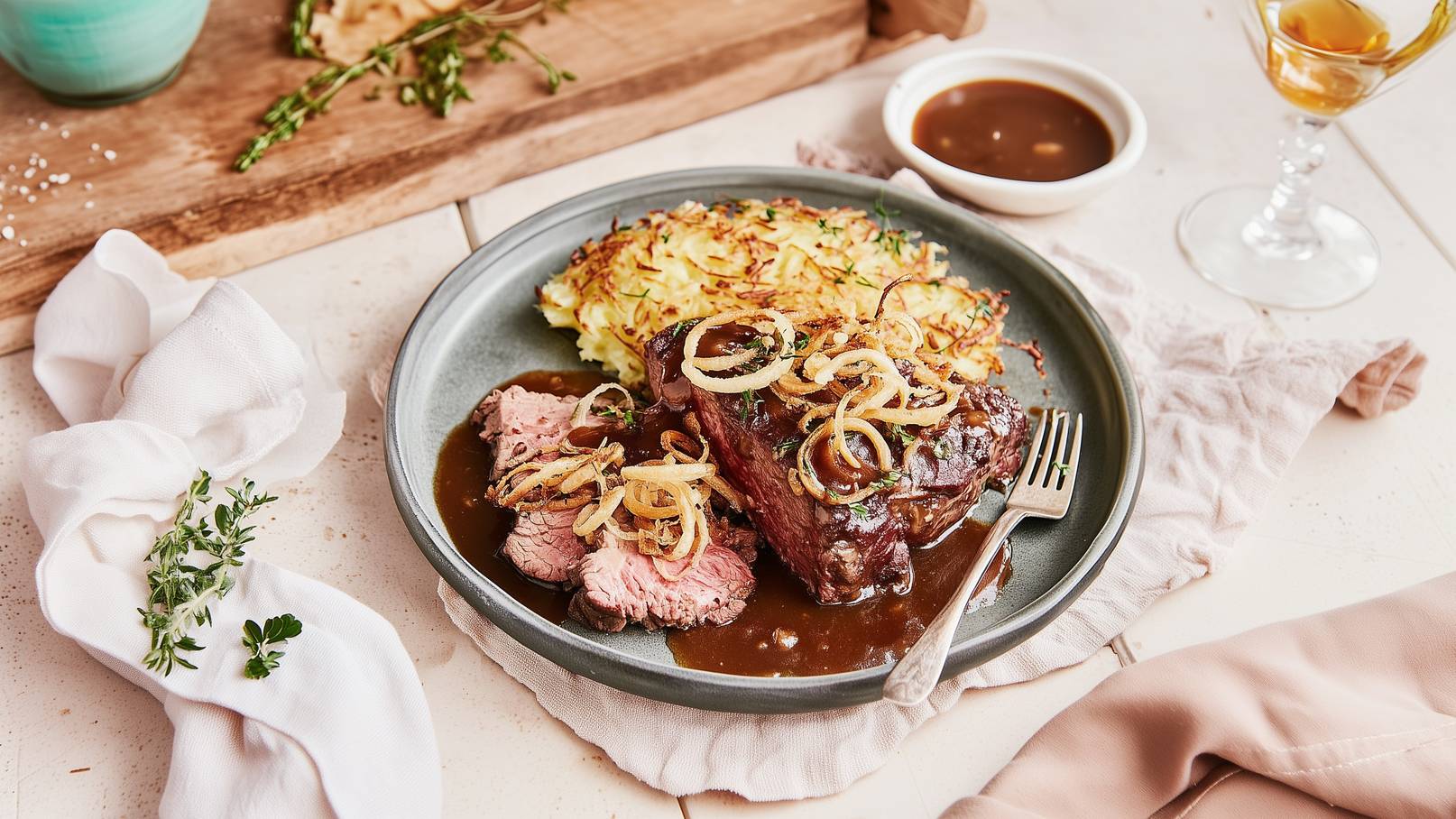 Ein Teller mit saftigem Fleisch in dunkler Soße, garniert mit Röstzwiebeln. Daneben liegt ein Stück Kartoffelrösti. Das Gericht wird von einem weißen Serviettenstück und frischen Kräutern begleitet. Im Hintergrund steht ein Glas mit Getränk und ein Holzbrett.