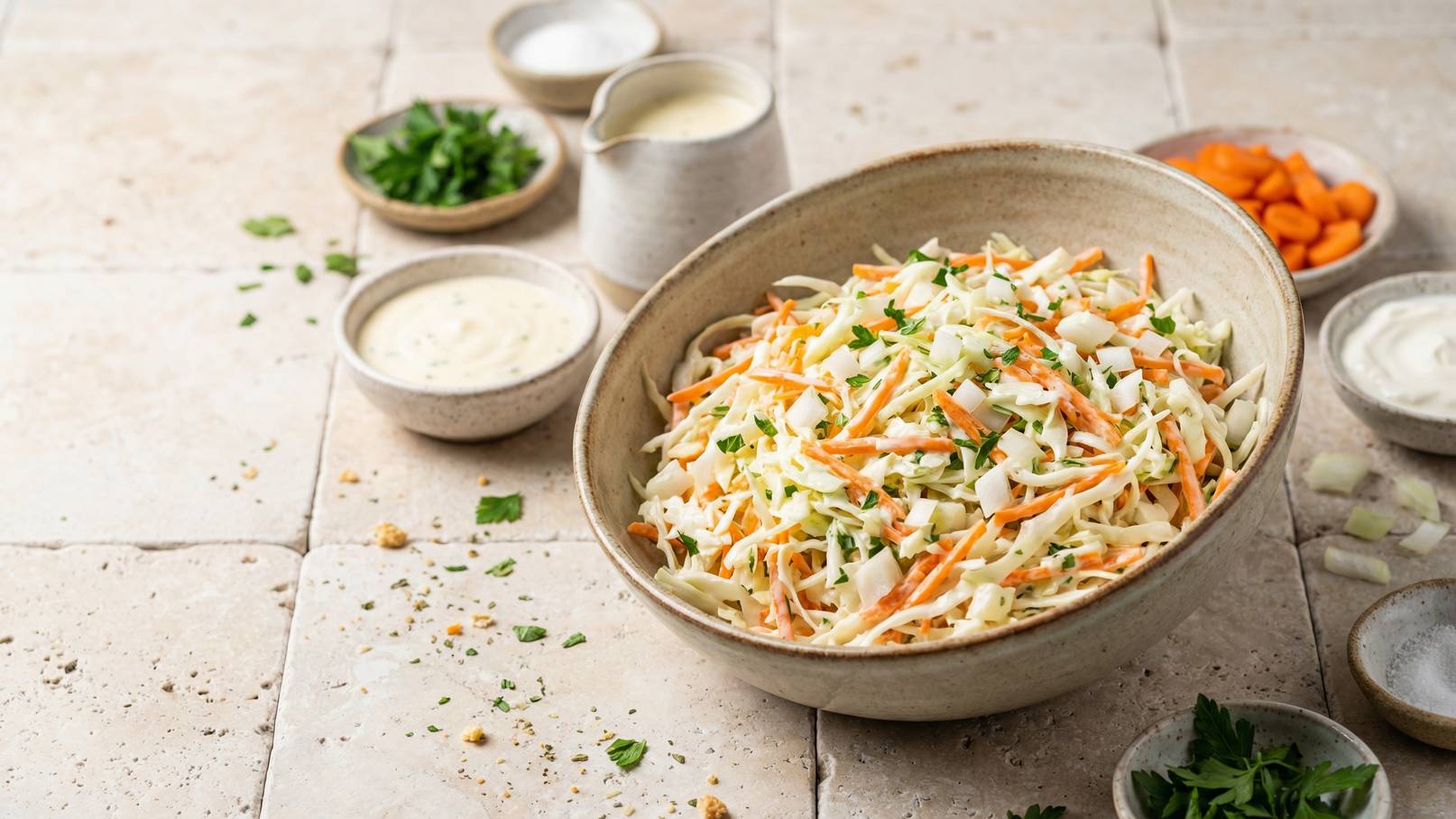Eine große Schüssel mit Krautsalat, der aus gehobeltem Weißkohl und Möhren besteht, ist im Vordergrund. Um die Schüssel herum stehen kleine Schalen mit frischen Kräutern, Saucen und Karottenstücken. Der Hintergrund hat einen neutralen Steinboden.