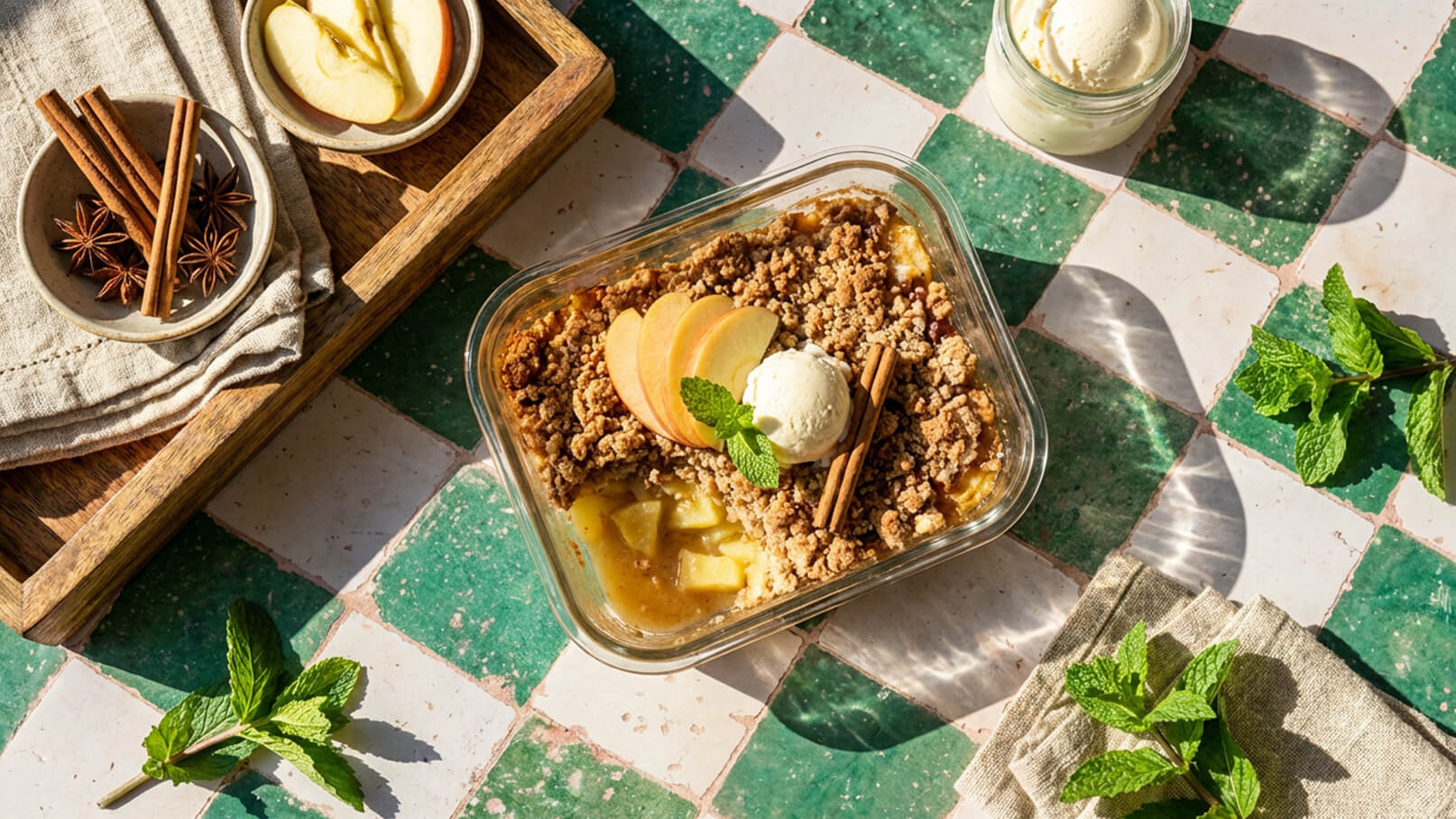 Ein Apfel-Crumble in einer Glasform, garniert mit einer Kugel Vanilleeis, Apfelscheiben und Zimtstangen. Die Oberfläche besteht aus knusprigem Streuselteig. Frische Minzblätter und eine Schale mit Zimt und Sternanis liegen auf einem gemusterten Tisch.
