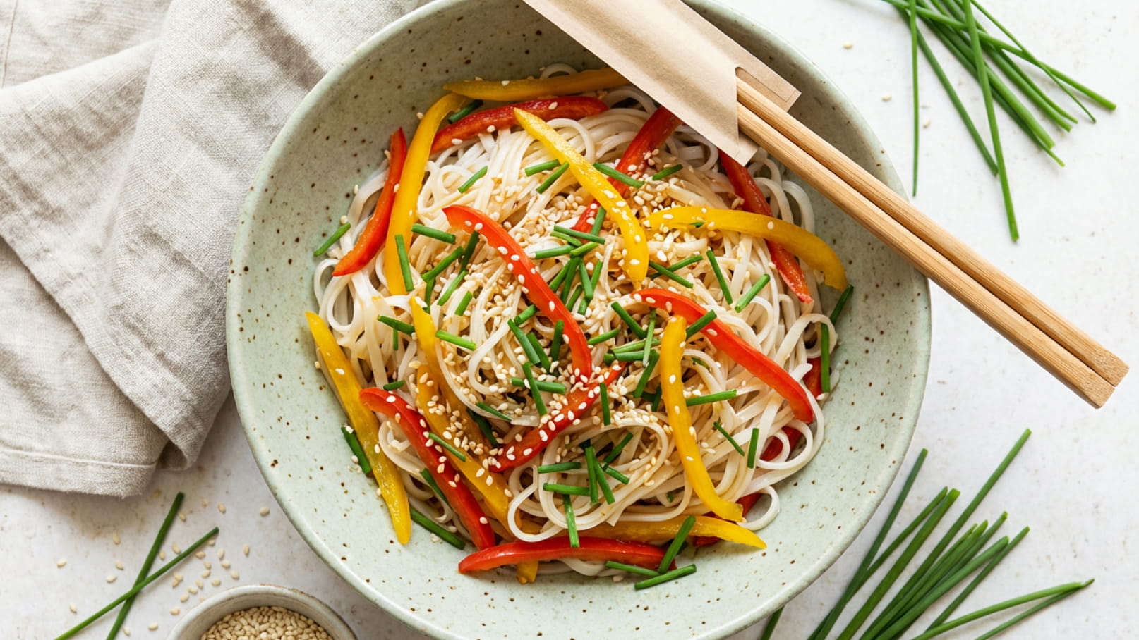 Eine Schüssel mit Nudelgericht, dekoriert mit roten und gelben Paprikastreifen sowie Schnittlauch. Gerösteter Sesam streut über die Nudeln. Essstäbchen liegen auf der Schüssel. Der Hintergrund ist hell und leicht strukturiert.