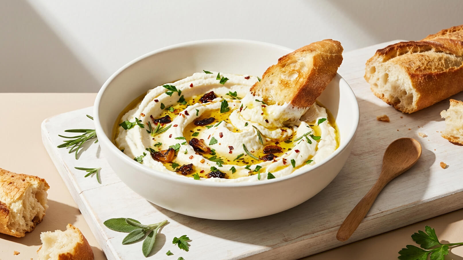 Eine Schüssel mit cremigem Dip, garniert mit Olivenöl, Kräutern und getrockneten Tomaten. Ein Stück knuspriges Brot taucht in den Dip. Im Hintergrund liegen weitere Brotstücke auf einem Holzbrett.