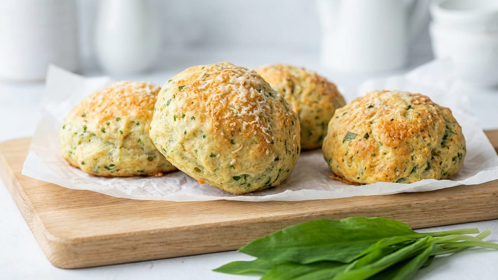 Auf einem Holzbrett liegen vier frische Brötchen, die mit Käse bestreut sind. Die Brötchen haben eine goldene Kruste und enthalten grüne Kräuter. Im Hintergrund sind unscharfe Küchenutensilien zu erkennen.