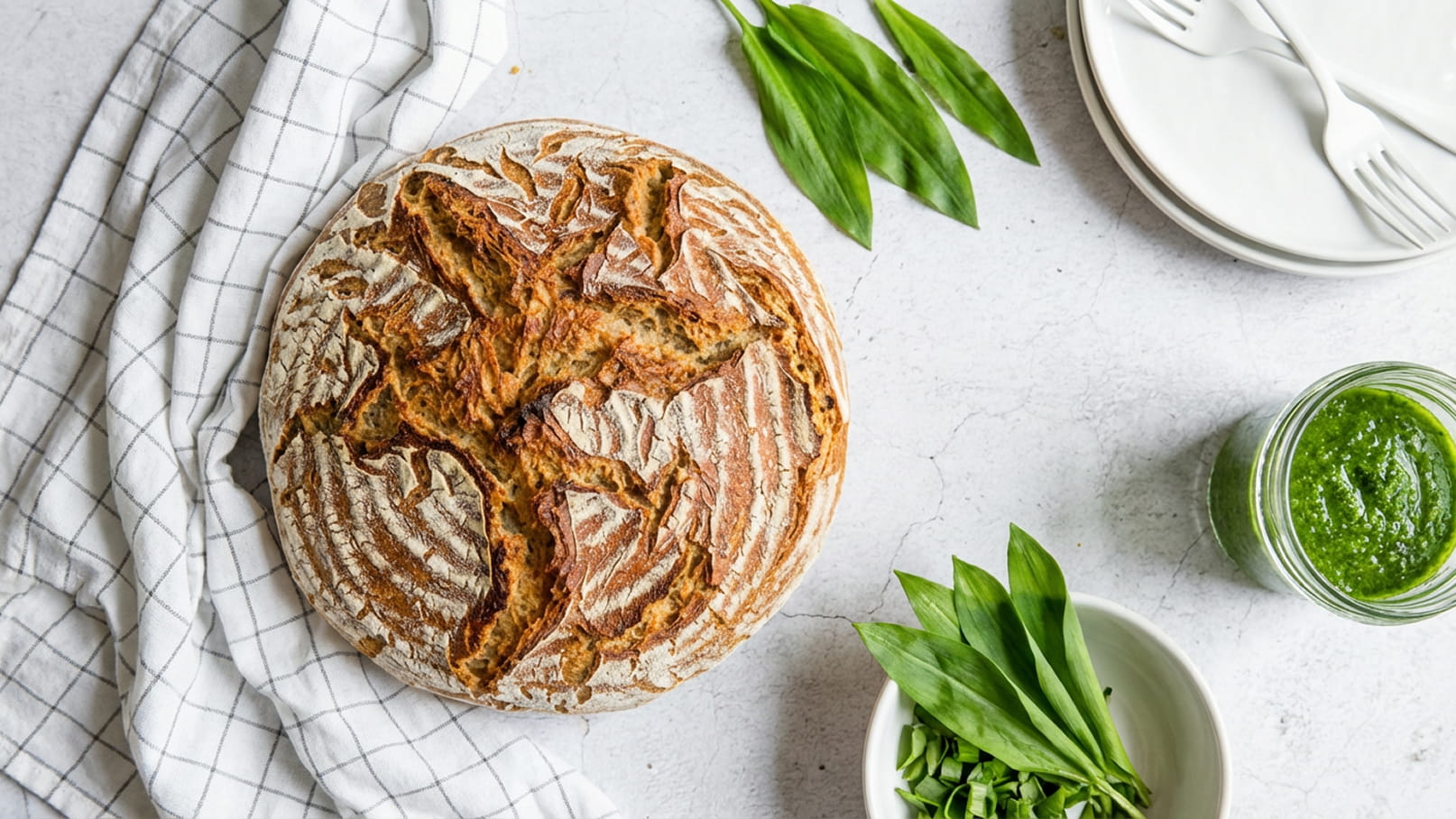 Auf dem Bild ist ein frisch gebackenes Brot mit einer rustikalen Kruste zu sehen, umgeben von frischen Kräutern und einer grünen Sauce. Ein kariertes Küchentuch liegt neben dem Brot, und zwei Teller sowie Besteck sind im Hintergrund angedeutet.